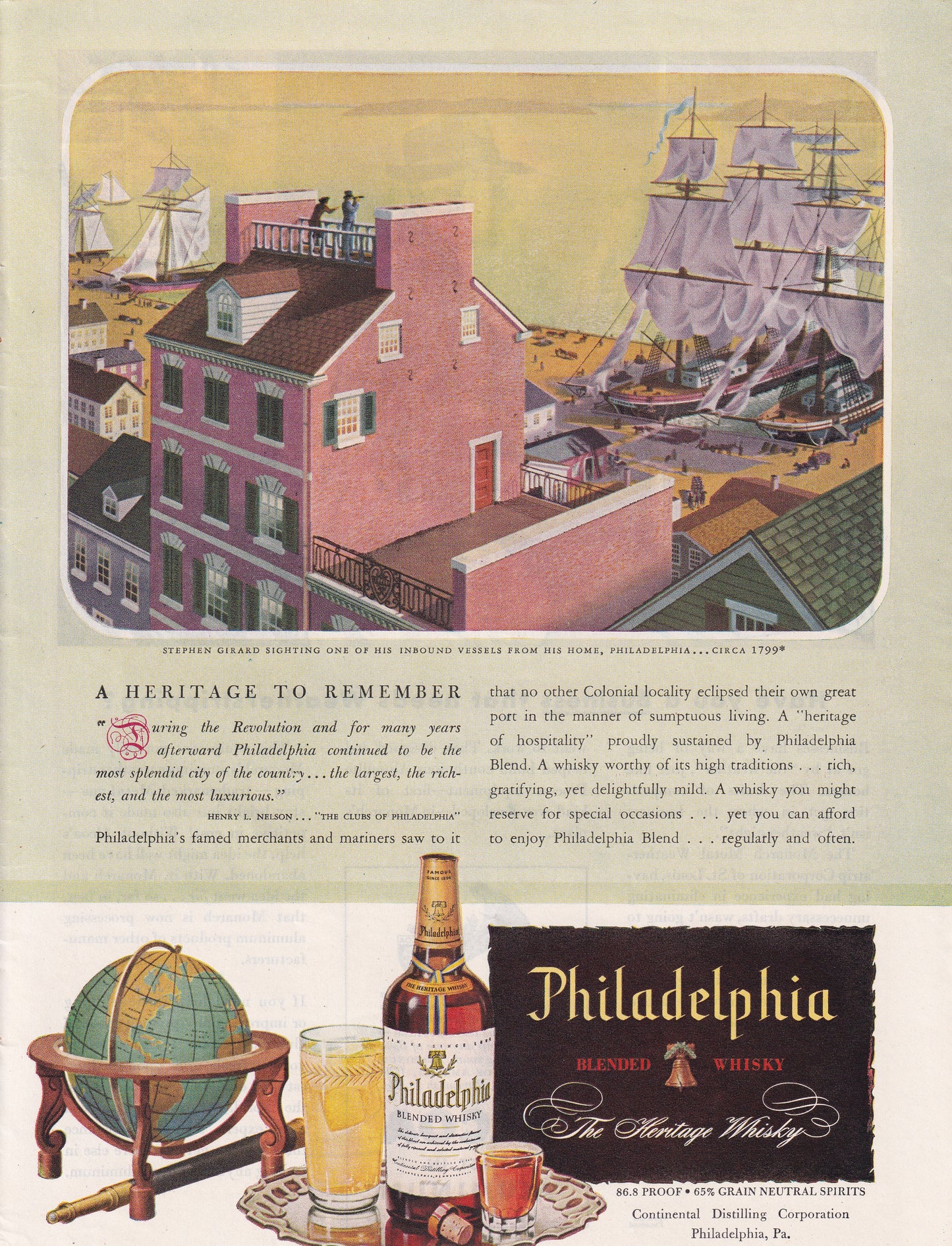 1946 Original Vintage Magazine Ad - Rare Americana - Philadelphia Heritage Whiskey Stephen Girard Inbound Vessels