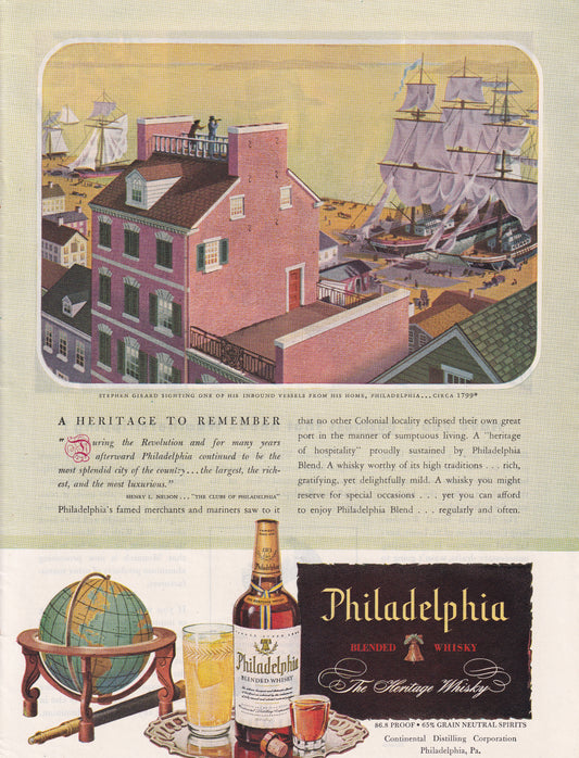 1946 Original Vintage Magazine Ad - Rare Americana - Philadelphia Heritage Whiskey Stephen Girard Inbound Vessels