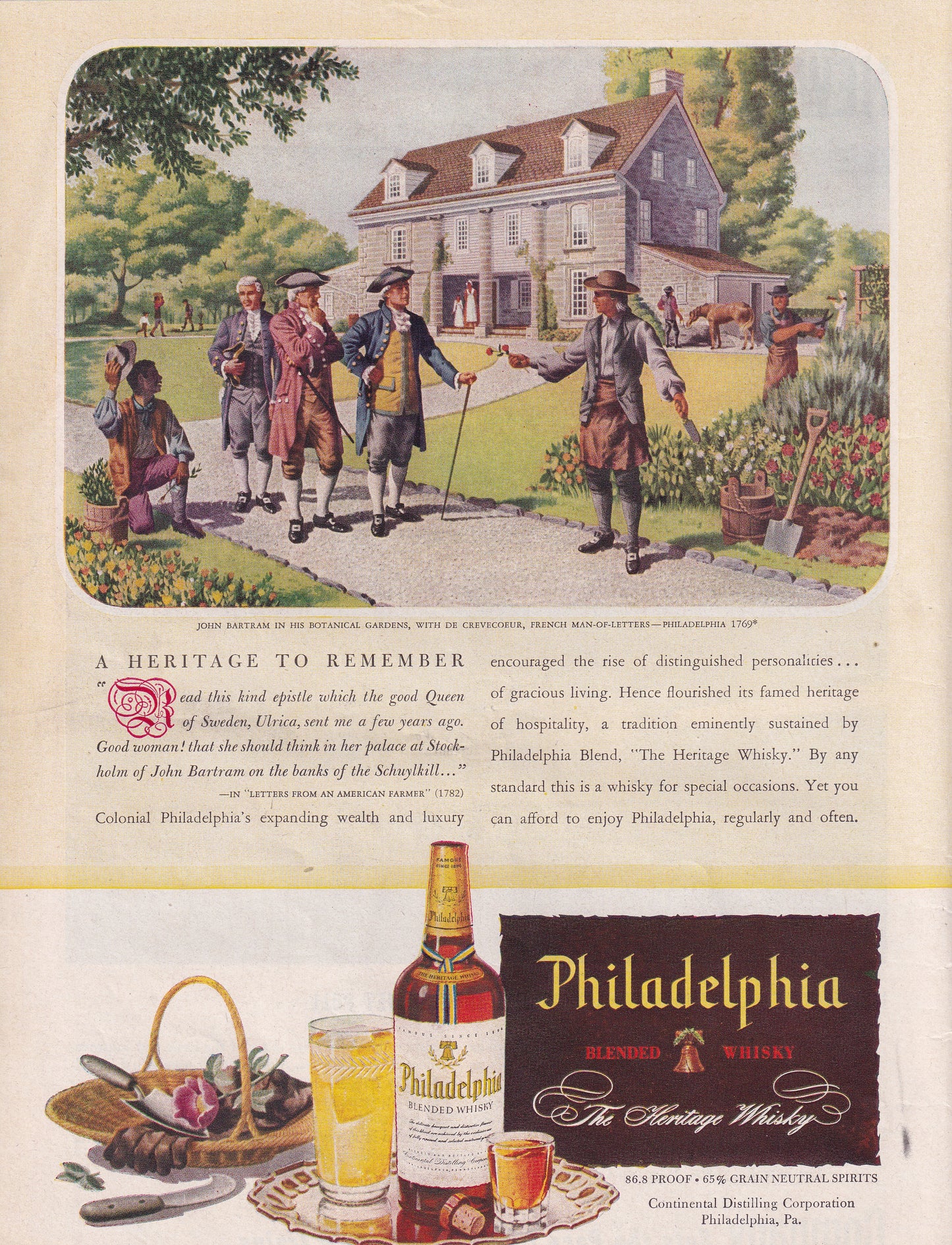 1946 Original Vintage Magazine Ad - Rare Americana - Philadelphia Heritage Whiskey John Bartram Botanical Gardens