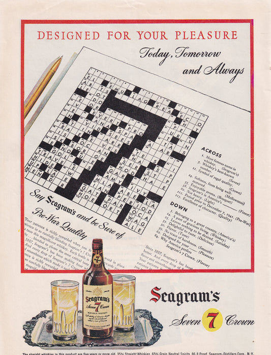 1946 Original Vintage Magazine Ad - Rare Americana - Seagram's Seven Crown Whiskey Crossword Puzzle