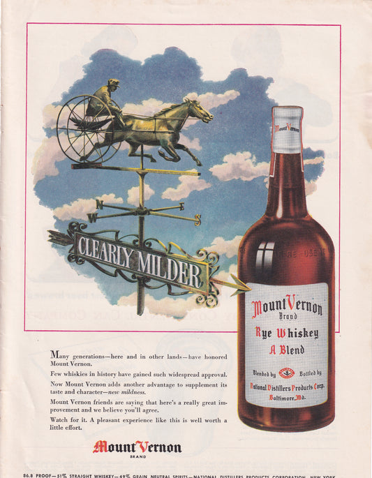1946 Original Vintage Magazine Ad - Rare Americana - Mount Vernon Rye Whiskey Blended Weather Vane