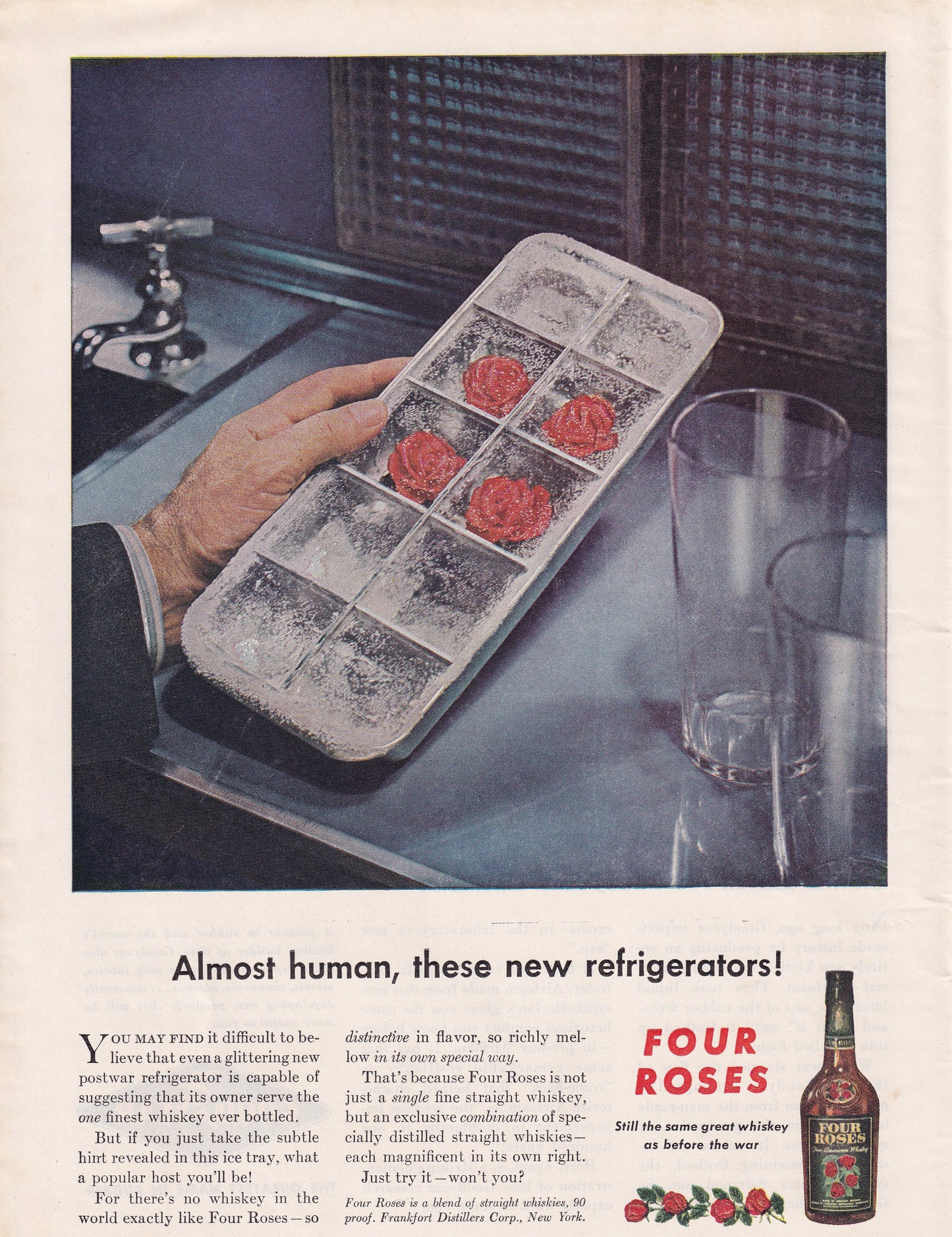 1946 Original Vintage Magazine Ad - Rare Americana - Four Roses Whiskey Ice Cube Tray