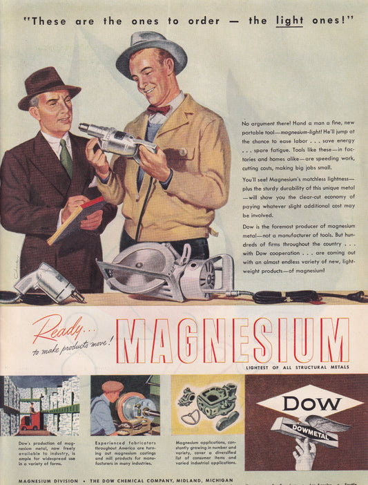 1946 Original Vintage Magazine Ad - Rare Americana - Dow Chemical Company Magnesium Light Metal
