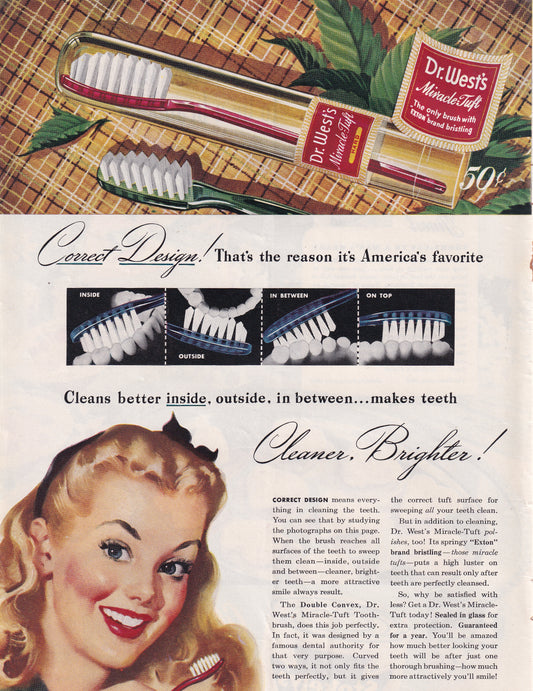 1946 Original Vintage Magazine Ad - Rare Americana - Dr. West's Toothbrush Pretty Girl