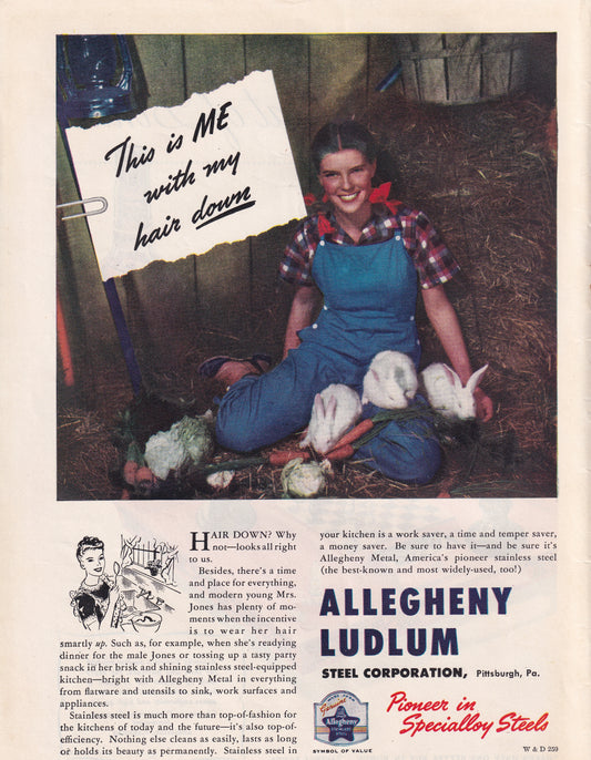 1946 Original Vintage Magazine Ad - Rare Americana - Allegheny Ludlum Farmers Daughter with Hair Down
