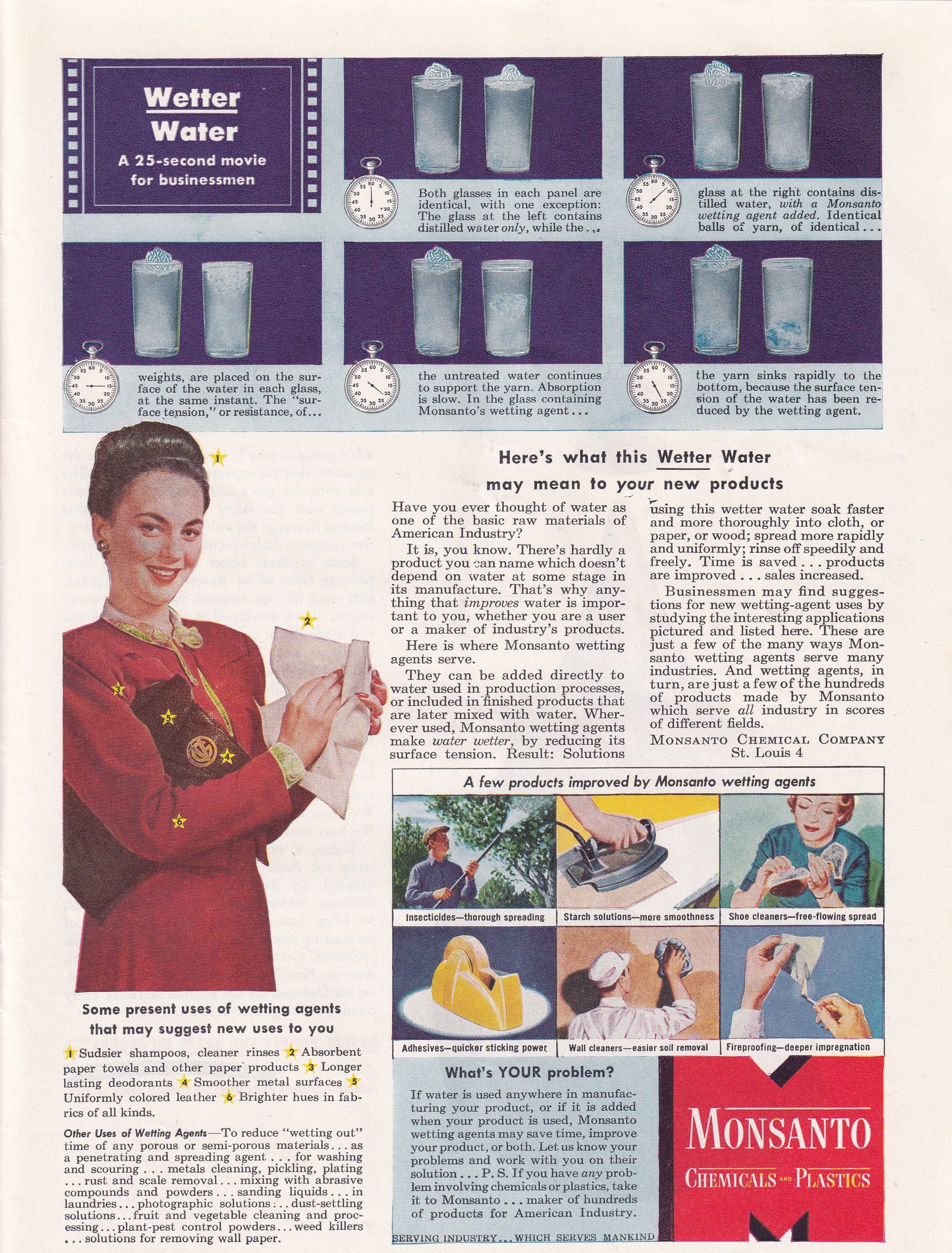 1946 Original Vintage Magazine Ad - Rare Americana - Monsanto Chemicals and Plastics Wetting Water