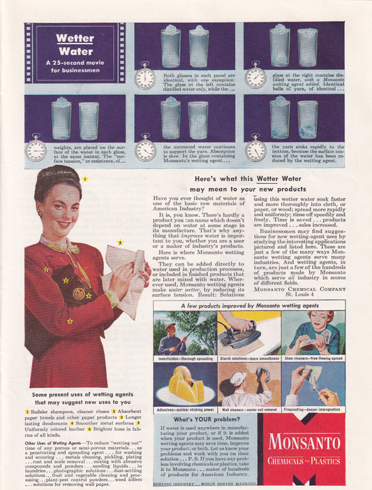 1946 Original Vintage Magazine Ad - Rare Americana - Monsanto Chemicals and Plastics Wetting Water
