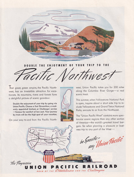 1946 Original Vintage Magazine Ad - Rare Americana - Pacific Northwest Union Pacific Railroad