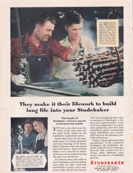 1946 Original Vintage Magazine Ad - Rare Americana - Studebaker Auto Lifeswork