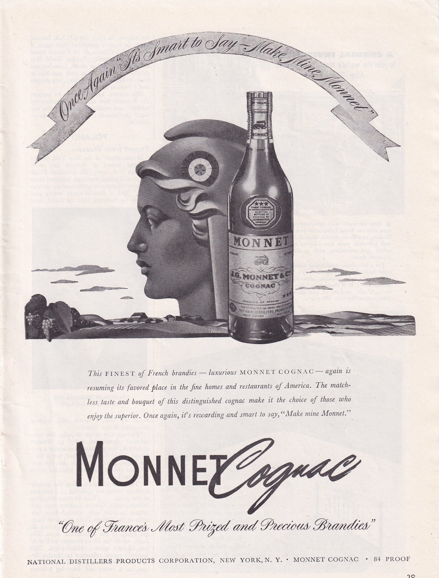 1946 Original Vintage Magazine Ad - Rare Americana - Monet Cognac