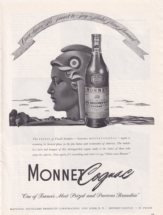 1946 Original Vintage Magazine Ad - Rare Americana - Monet Cognac