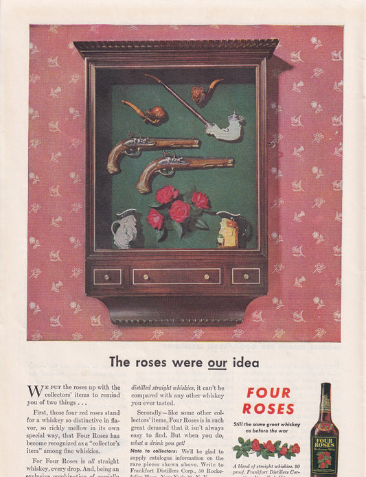 1946 Original Vintage Magazine Ad - Rare Americana - Four Roses Whiskey Pistols