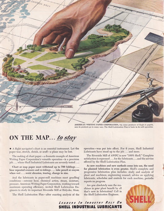 1946 Original Vintage Magazine Ad - Rare Americana - Shell Industrial Lubricants  On the Map
