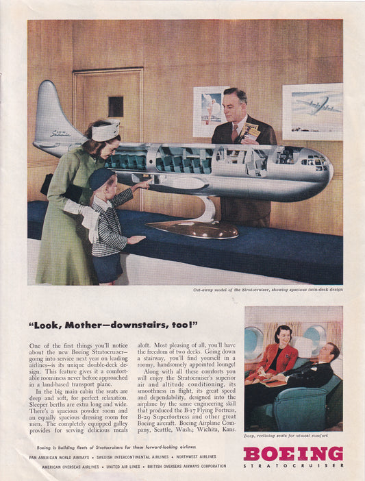 1946 Original Vintage Magazine Ad - Rare Americana - Boeing Stratocruiser Airplane Look Mom Downstairs