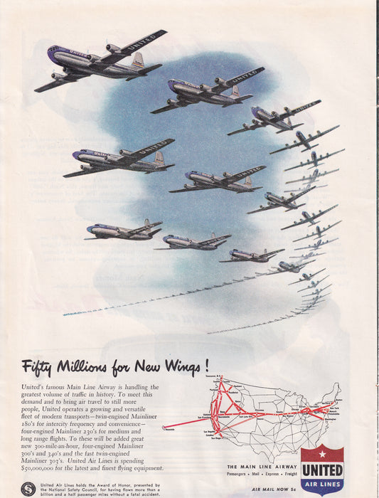 1946 Original Vintage Magazine Ad - Rare Americana - United Airlines Fifty Million for New Wings Airplanes