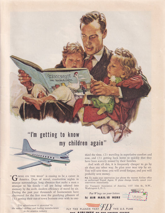 1946 Original Vintage Magazine Ad - Rare Americana - Airline of the United States Getting to Know my Children Again