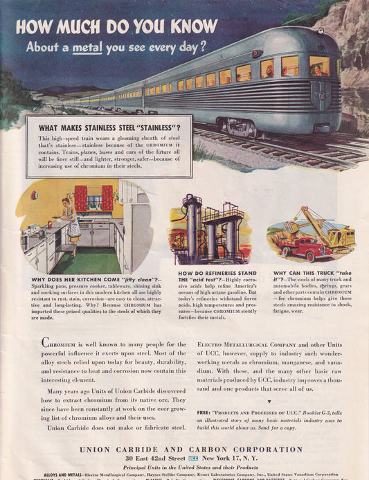 1946 Original Vintage Magazine Ad - Rare Americana - Union Carbide and Carbon Corporation Train