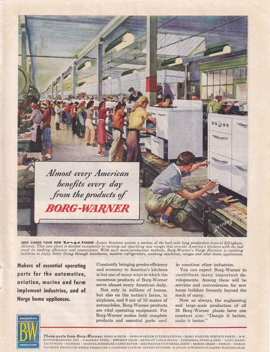 1946 Original Vintage Magazine Ad - Rare Americana - Borg Warner All Americans Benefit Women Making Appliances