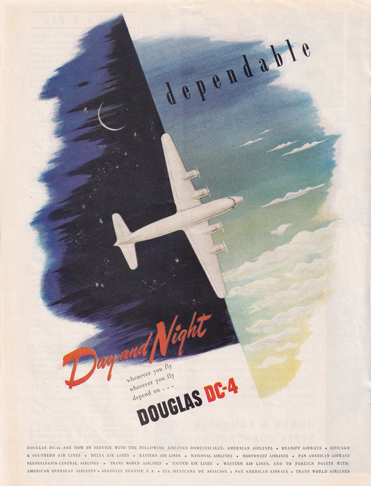 1946 Original Vintage Magazine Ad - Rare Americana - Douglas Airline DC-4 Dependable
