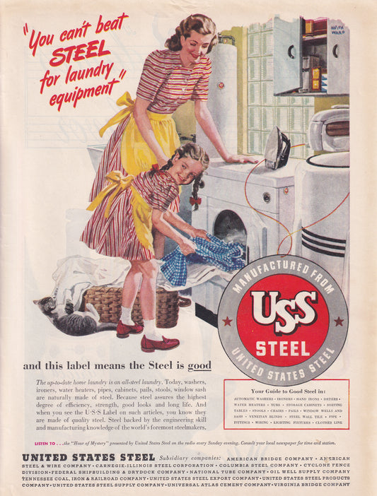 1946 Original Vintage Magazine Ad - Rare Americana - US Steel Mother and Daughter Doing Laundry