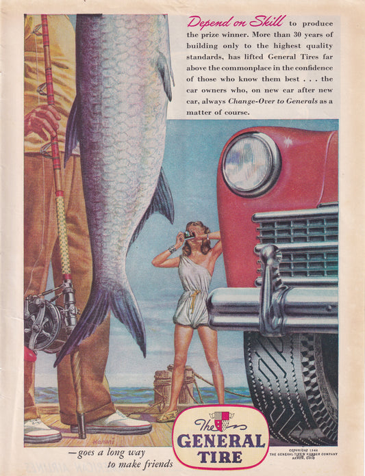 1946 Original Vintage Magazine Ad - Rare Americana - General Tire Prize Fish
