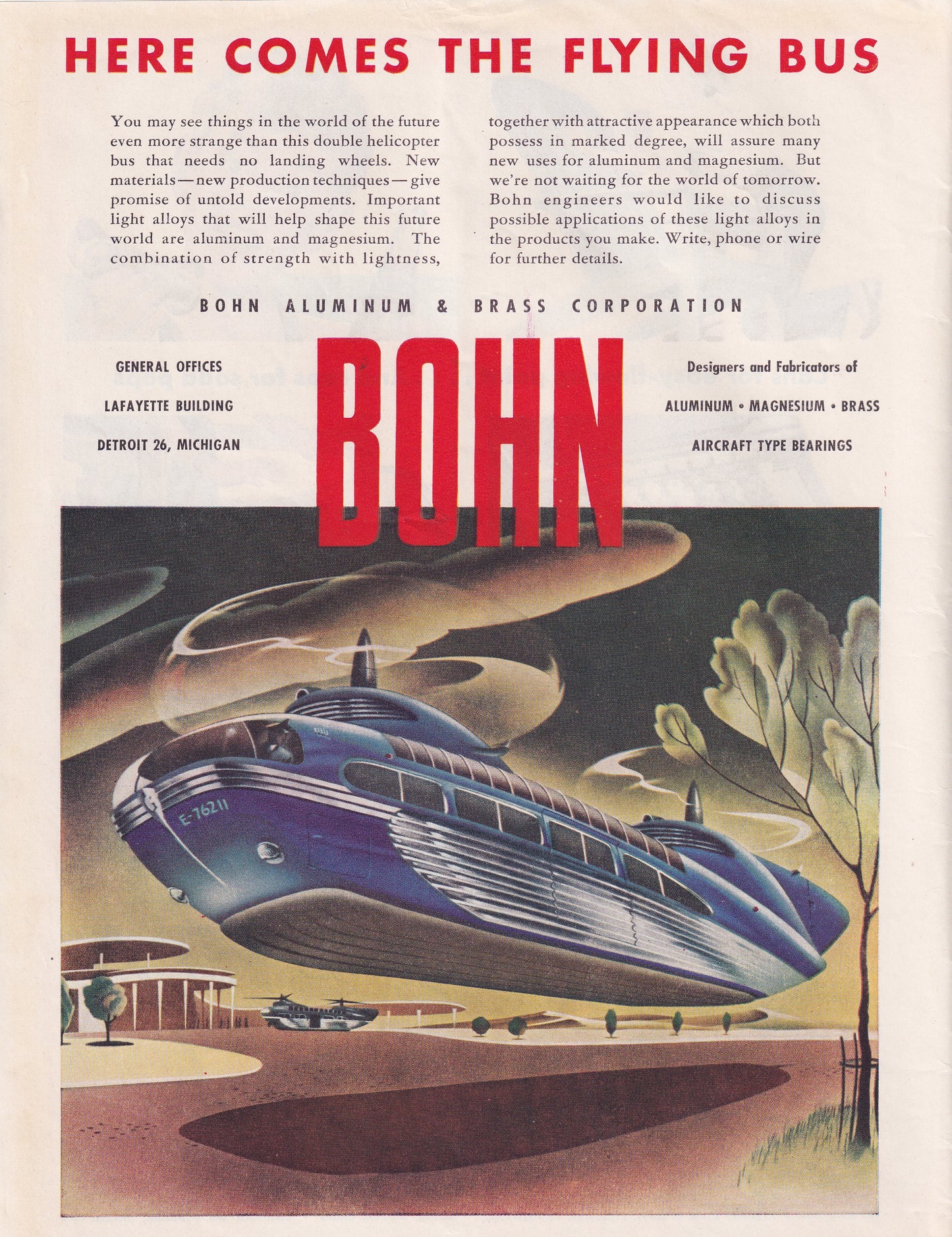 1946 Original Vintage Magazine Ad - Rare Americana - Bohn Aluminum and Brass Here Comes the Flying Bus