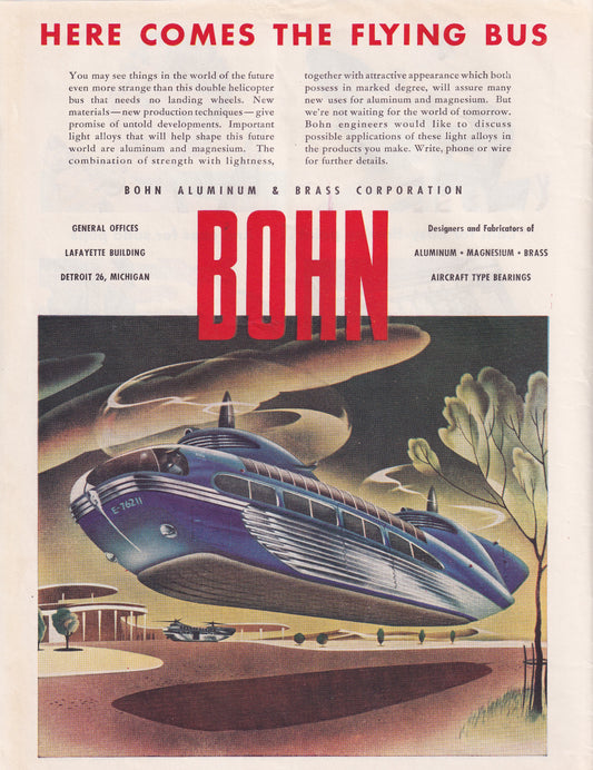 1946 Original Vintage Magazine Ad - Rare Americana - Bohn Aluminum and Brass Here Comes the Flying Bus