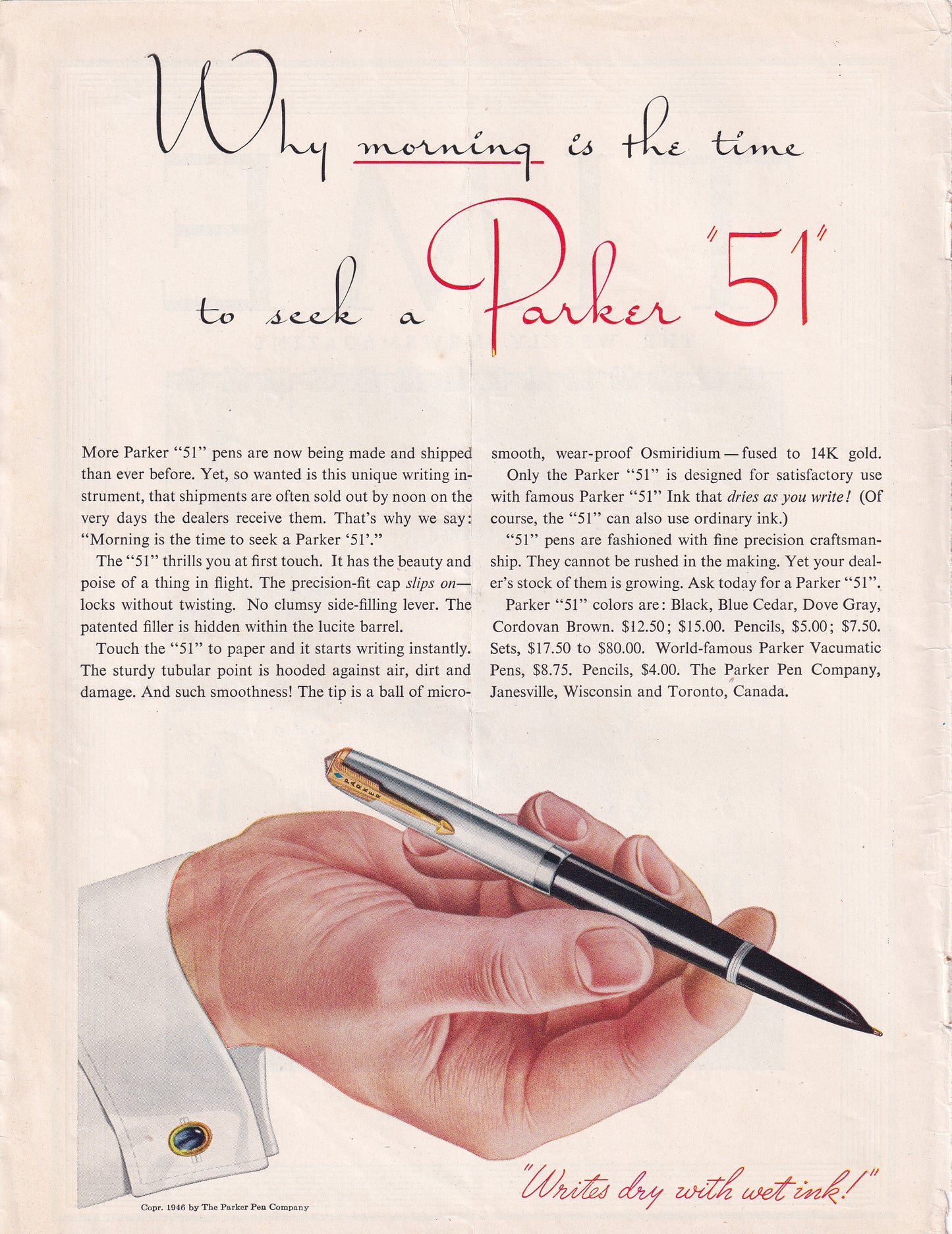 1946 Original Vintage Magazine Ad - Rare Americana - Parker 51 Writes Dry With Wet Ink