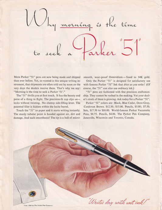 1946 Original Vintage Magazine Ad - Rare Americana - Parker 51 Writes Dry With Wet Ink