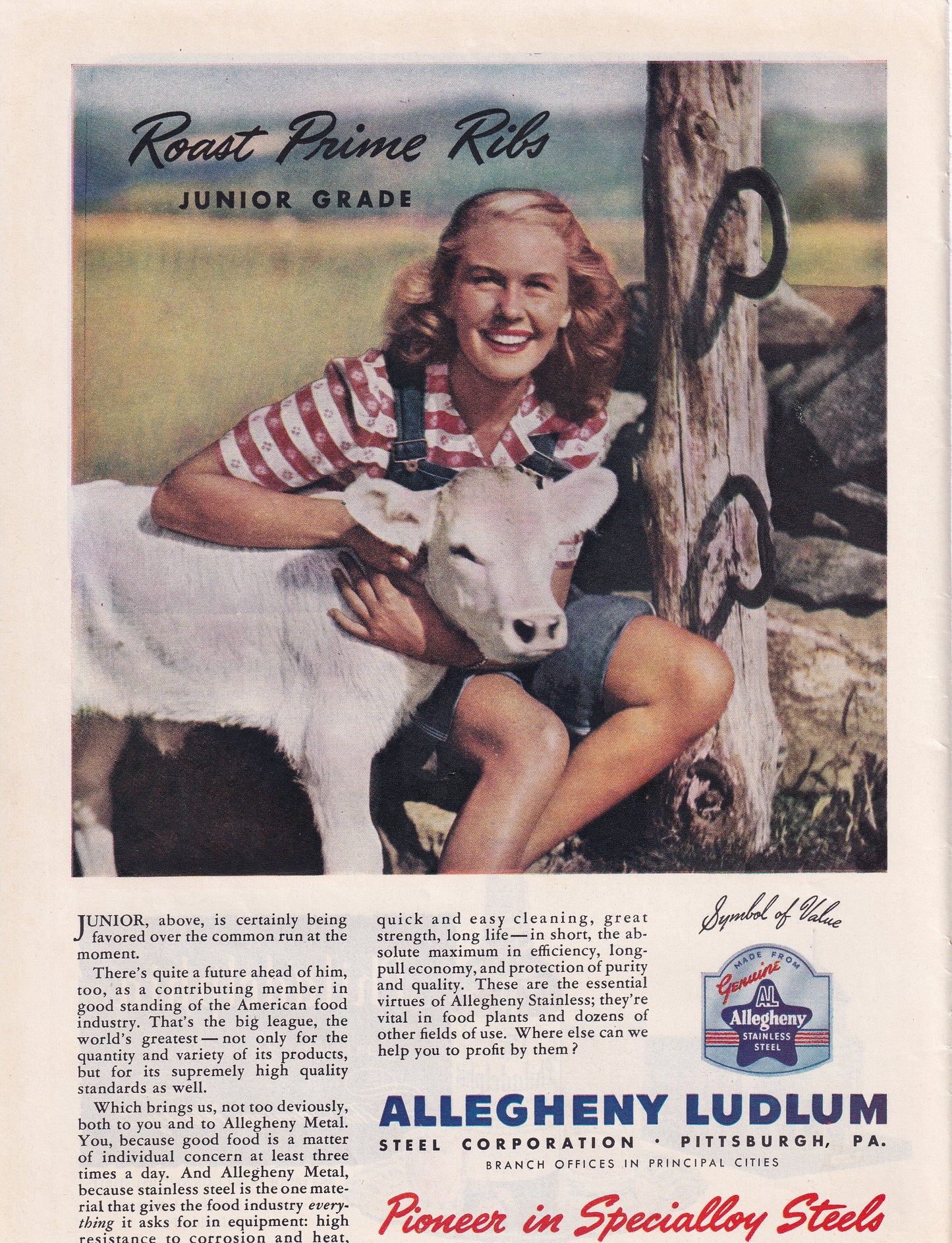 1946 Original Vintage Magazine Ad - Rare Americana - Allegheny Ludlum Young Farm Girl
