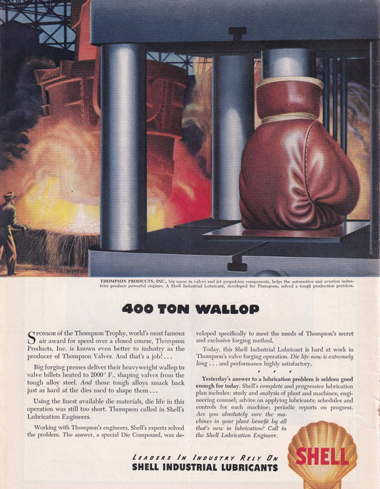 1946 Original Vintage Magazine Ad - Rare Americana - Shell Lubricants 400 Ton Wallop Boxing Glove