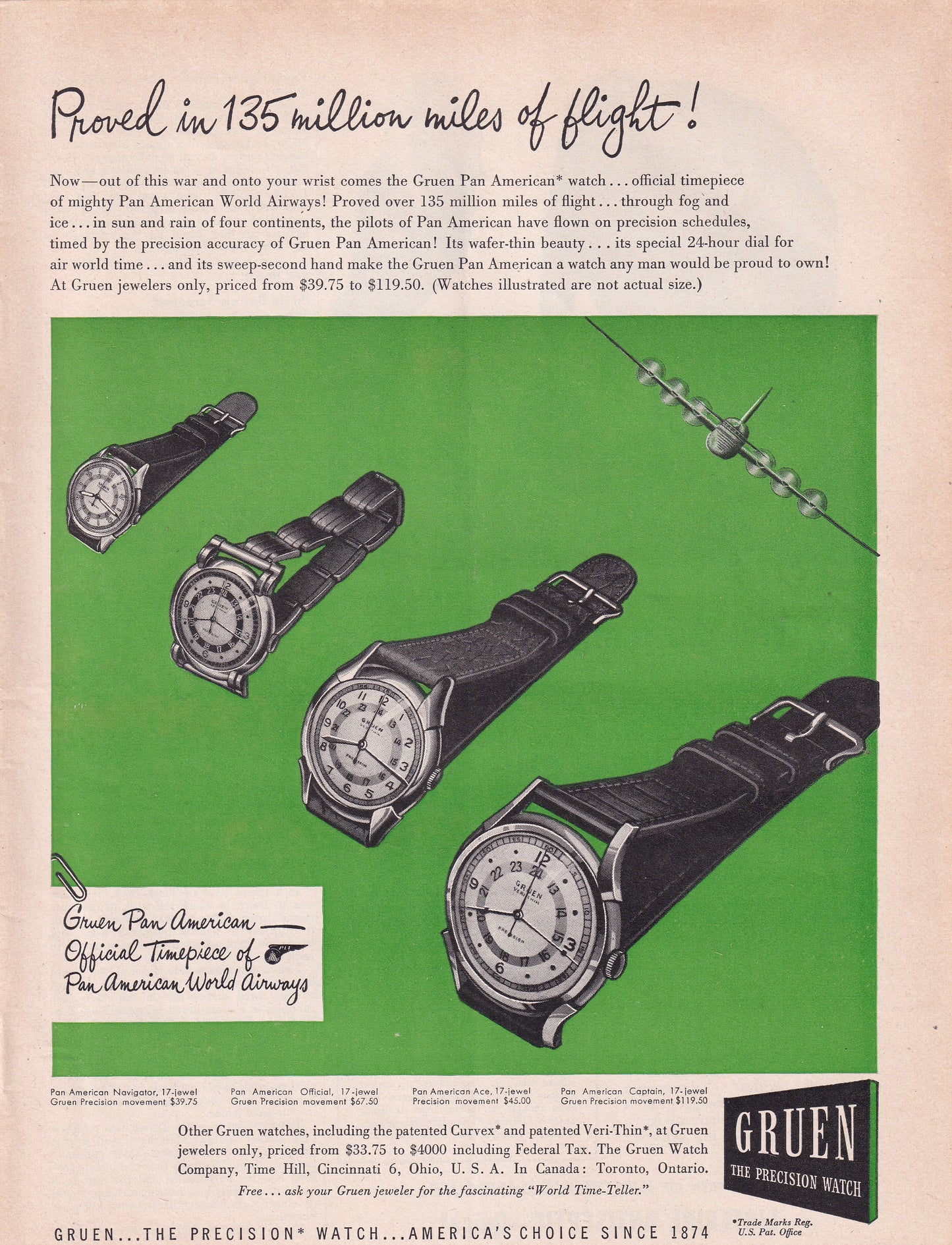1946 Original Vintage Magazine Ad - Rare Americana - Gruen Watches 135 Million Miles