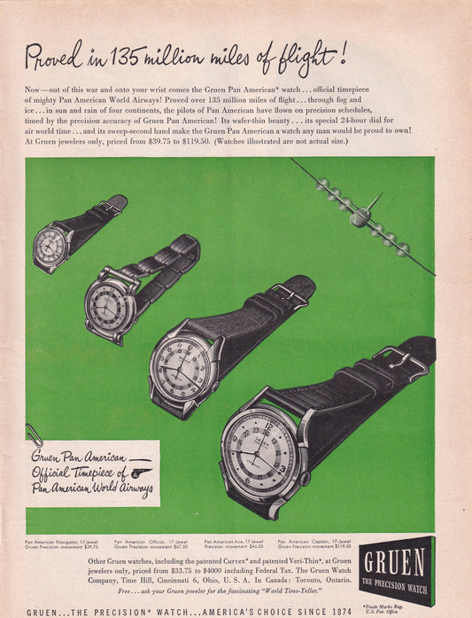1946 Original Vintage Magazine Ad - Rare Americana - Gruen Watches 135 Million Miles