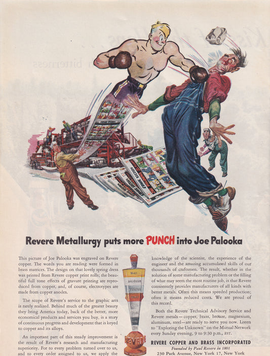 1946 Original Vintage Magazine Ad - Rare Americana - Revere Metallugry Copper and Brass Joe Palooka