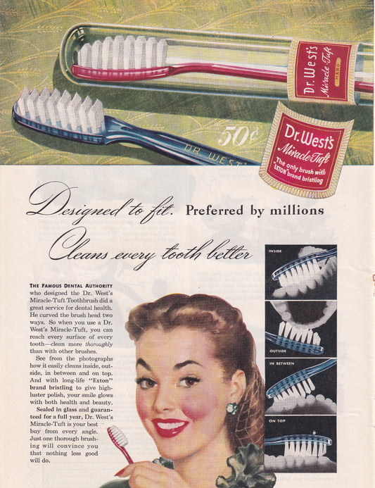 1946 Original Vintage Magazine Ad - Rare Americana - Dr. West Toothbrush 50 cents Pretty Girl