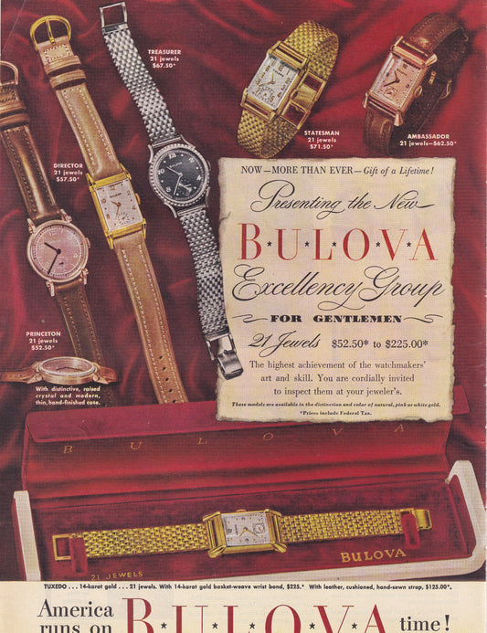 1946 Original Vintage Magazine Ad - Rare Americana - Bulova Watchs For Gentlemen 21 Jewels Now More Than Ever