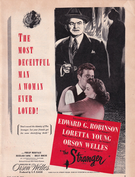 1946 Original Vintage Magazine Ad - Rare Americana - The Stranger Loretta Young and Orson Welles