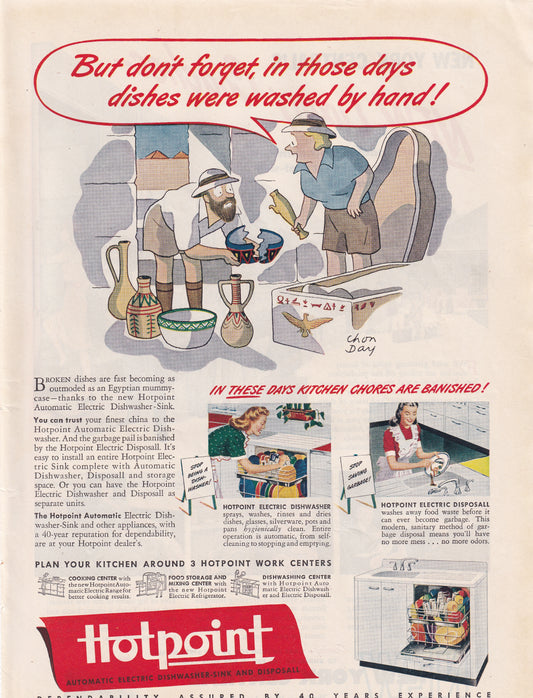 1946 SEXIST Hotpoint Dishwasher Kitchen Chores Banished Original Vintage Ad - Rare Americana