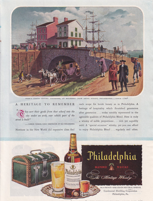 1946 Original Vintage Magazine Ad - Rare Americana - Philadelphia Whiskey Penn's Coach Leaving Underpass