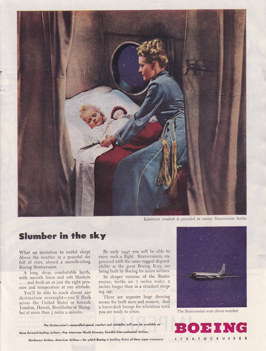 1946 Original Vintage Magazine Ad - Rare Americana - Boeing Stratocruiser Slumber in the Sky Child Sleeping