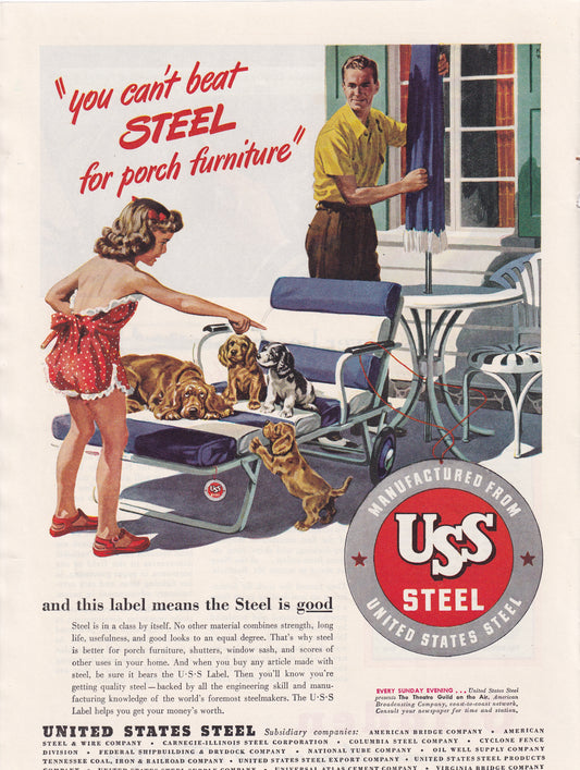 1946 Original Vintage Magazine Ad - Rare Americana - US Steel Young Girl with Puppies