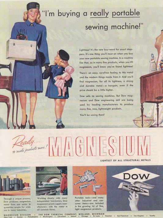 1946 Original Vintage Magazine Ad - Rare Americana - Dow Metals Magnesium Girl and Mom Buying a Sewing Machine