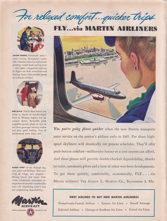 1946 Original Vintage Magazine Ad - Rare Americana - Martin Aircraft Relaxed Comfort Quicker Trips