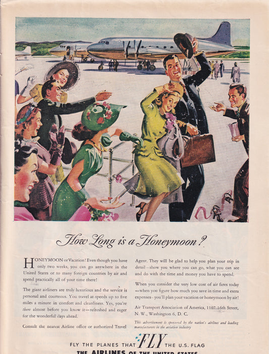 1946 Original Vintage Magazine Ad - Rare Americana - Airlines of United States How Long is a Honeymoon