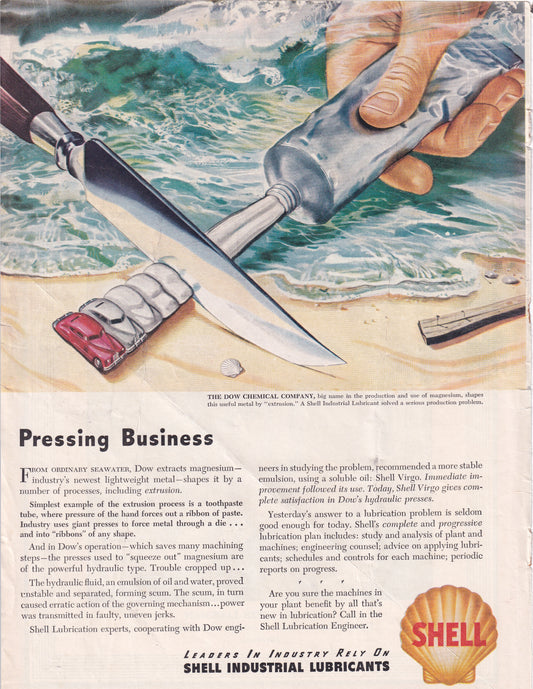 1946 Original Vintage Magazine Ad - Rare Americana - Shell Lubricants Pressing Business Dow Chemicals