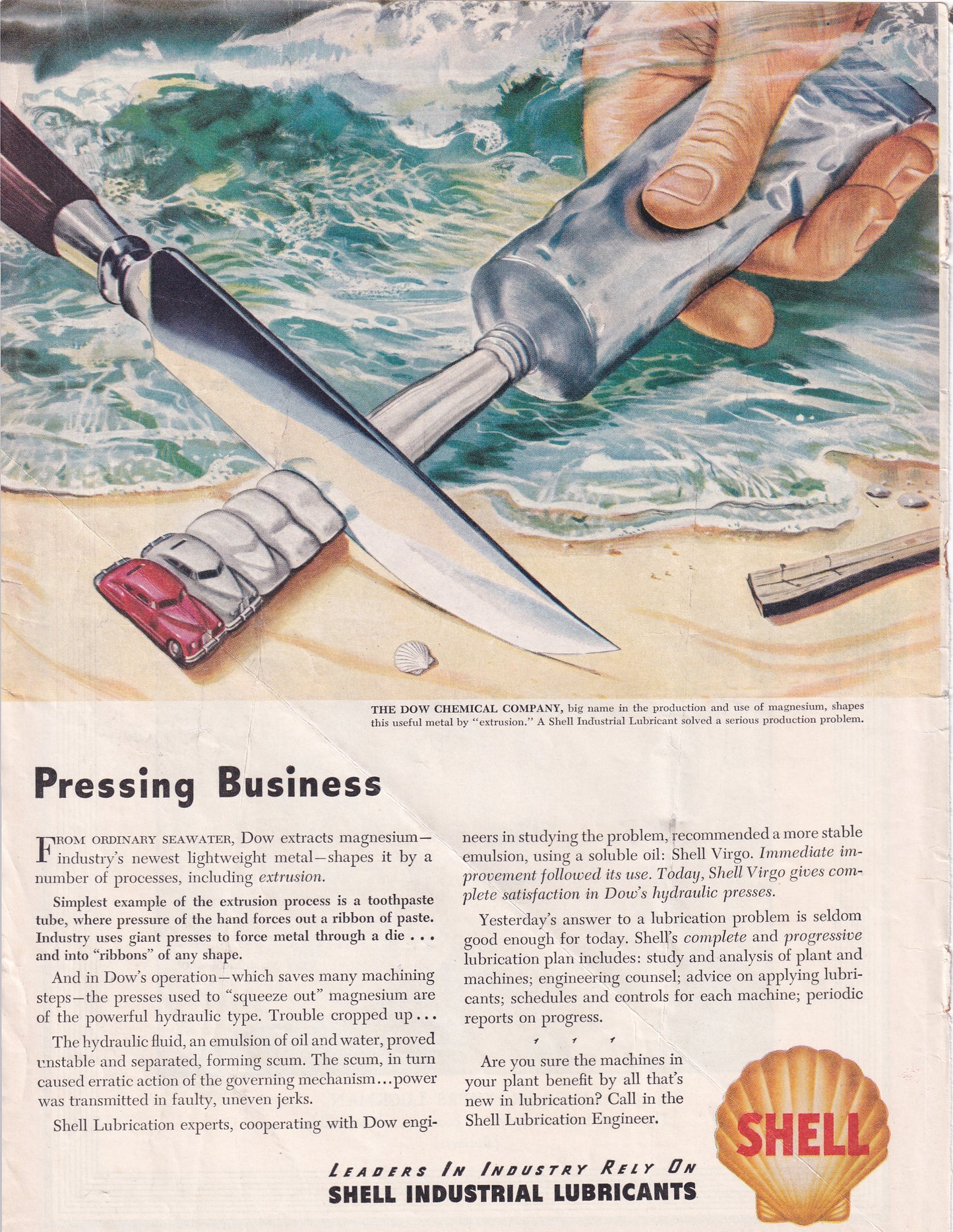 1946 Original Vintage Magazine Ad - Rare Americana - Shell Lubricants Pressing Business Dow Chemicals