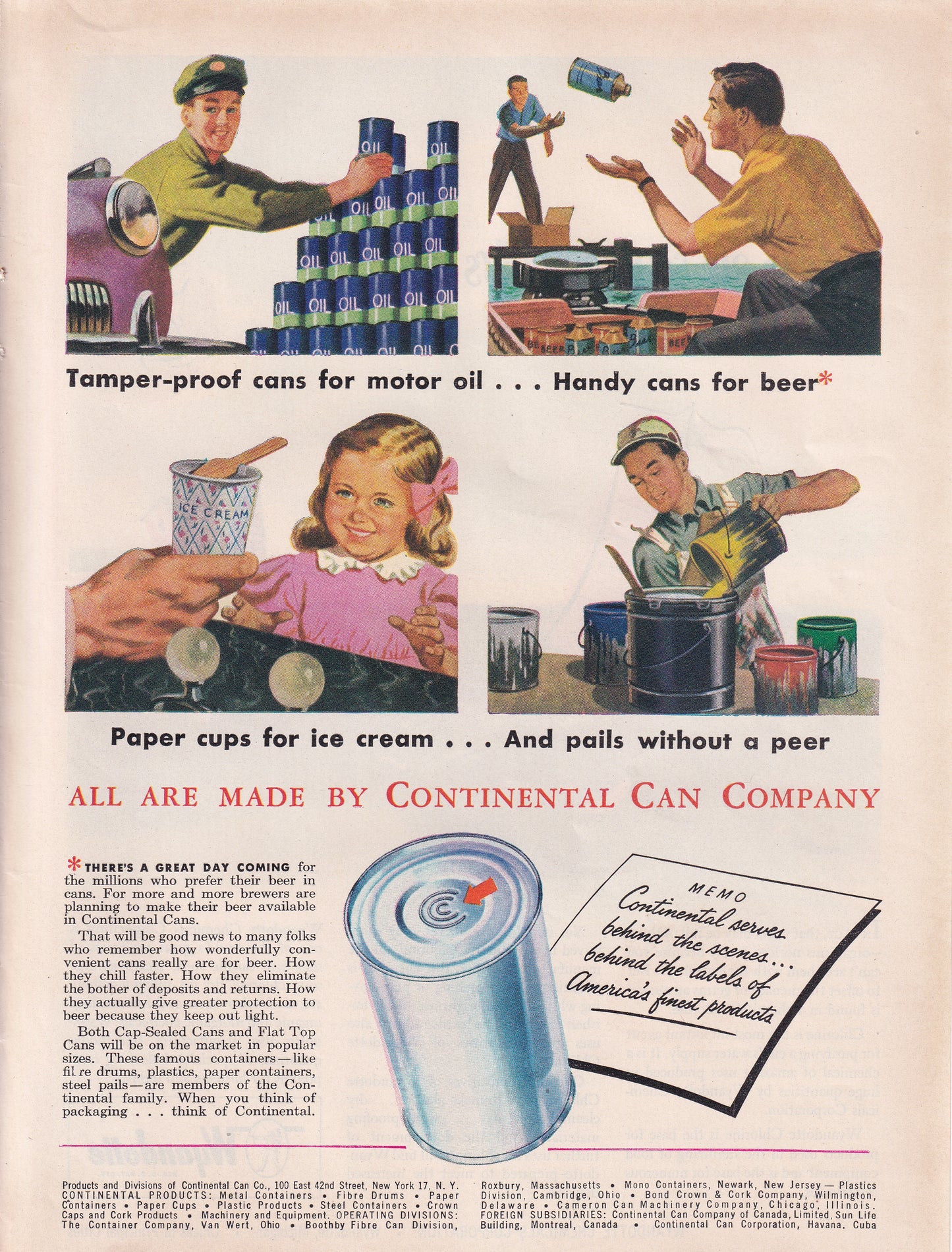 1946 Original Vintage Magazine Ad - Rare Americana - Continental Can Company Tamper Proof Cans Motor Oil