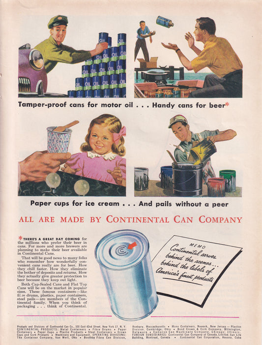 1946 Original Vintage Magazine Ad - Rare Americana - Continental Can Company Tamper Proof Cans Motor Oil