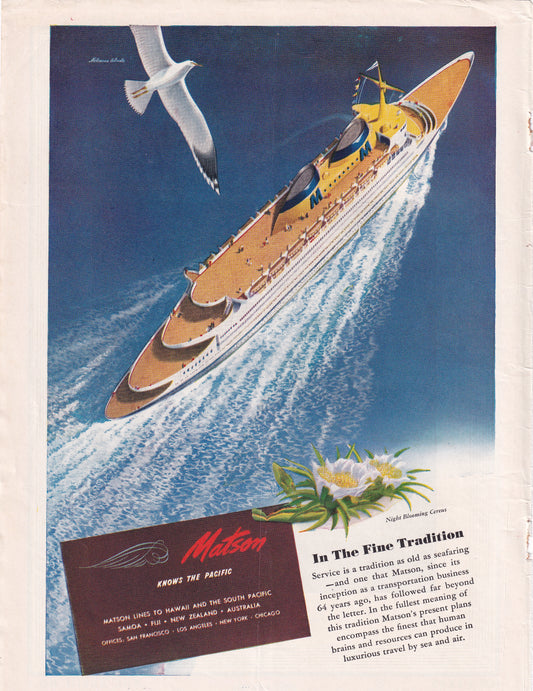1946 Original Vintage Magazine Ad - Rare Americana - Matson Cruise Ships Seagull