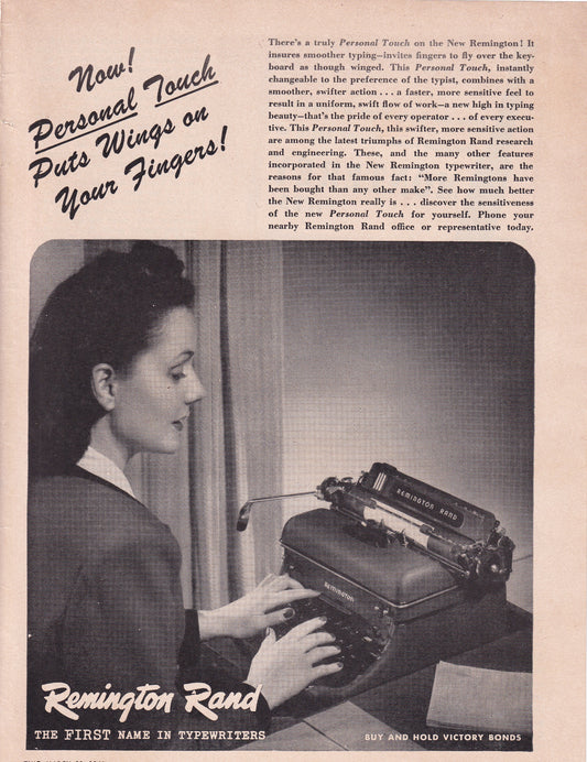 1946 Original Vintage Magazine Ad - Rare Americana - Remington Rand Typewriters Puts Wings on Fingers